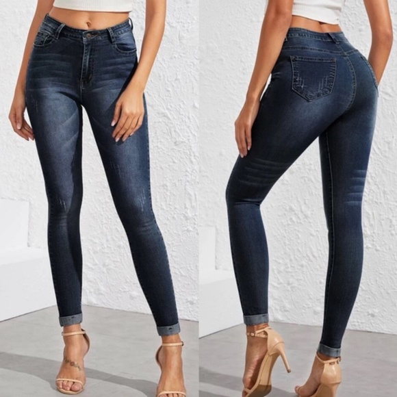 medium wash stonewash faded cuffed skinny jeans - Picture 1 of 7